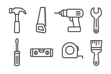 Obraz premium outline vector icons of construction gear: hard hat, work gloves, safety goggles, ear muffs, tool belt, steel boots, harness, vest. ine style icons in a modern, minimalist design.