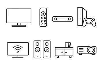 outline vector icons of home entertainment: flat screen TV, remote control, soundbar, video game console, streaming icon, speakers, media shelf, projector. set of line style icons in a modern,