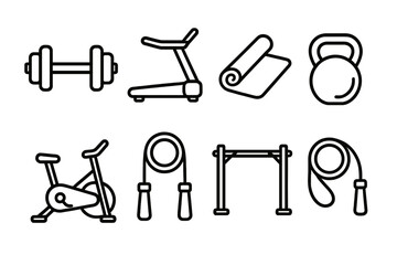 Obraz premium outline vector icons of fitness gear: resistance band, dumbbell, yoga mat, barbell, weight plate, bench, foam roller, pull-up bar. set of line style icons in a modern, minimalist design.