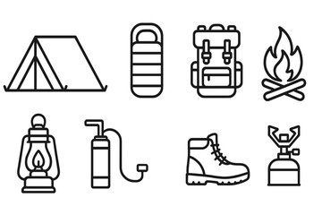 outline vector icons of camping gear: tent, camp stove, lantern, sleeping pad, cooler, camp chair, rope, matchbox. ine style icons in a modern, minimalist design.