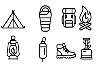 outline vector icons of camping gear: tent, camp stove, lantern, sleeping pad, cooler, camp chair, rope, matchbox. ine style icons in a modern, minimalist design.