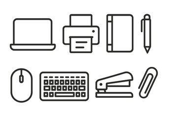 outline vector icons of office supplies: stapler, scissors, ruler, pen holder, paper sheets, sticky notes, binder clip, file folder. set of line style icons in a modern, minimalist design.