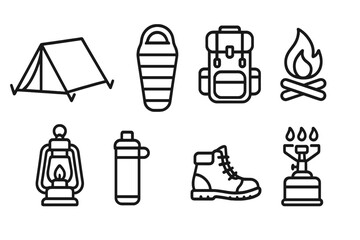 Camping essentials icon set: tent, sleeping bag, backpack, campfire, lantern, and more