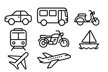 outline vector icons of location in transport: bus stop, train station, airport, ferry terminal, taxi stand, subway station, bike rental, EV charging. set of line style icons in a modern, minimalist