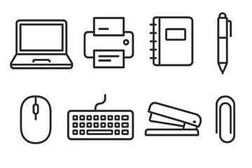 Office essentials icons set: laptop, printer, notebook, pen and more in linear style