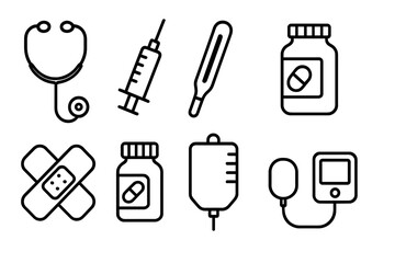 Fototapeta premium outline vector icons of phone emergency features: SOS, emergency contact, location share, emergency alert, medical ID, quick dial, flashlight, siren., set of line style icons in a modern, minimalist