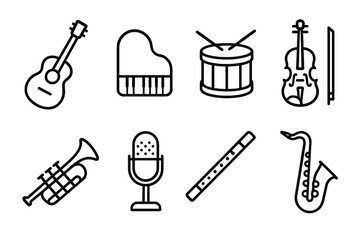 outline vector icons of musical instruments: acoustic guitar, electric guitar, piano, violin, trumpet, saxophone, drums, flute. set of line style icons in a modern, minimalist design.