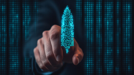 A man's hand interacts with a digital rocket, the binary code of success ready to launch against a technological background.
