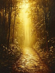 Obraz premium Ethereal Forest Path: A Symphony of Light and Shadow Through the Woodland Canopy