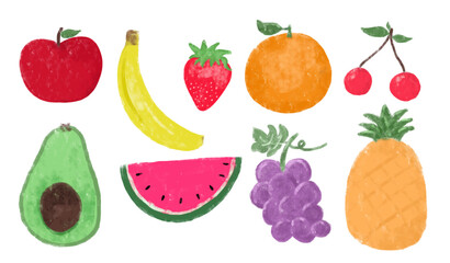 Set collections kawaii cute healthy fresh fruits doodle kids crayon watercolour illustration diet vegan vegetarian tropical summer nursery wall art design clipart element