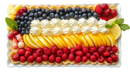 Flat lay of summer dessert platter: lemon bars, fruit tartlets, berry mousse, all beautifully arranged on white background, PNG format
