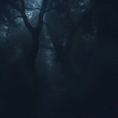 Fototapeta premium Mysterious Moonlight Forest: Dark, Silhouetted Trees in Eerie Fog
