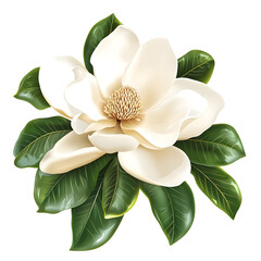 realistic magnolia flower in full bloom with creamy white petals and glossy green leaves detailed botanical illustration clip art white background