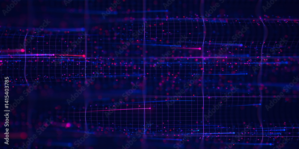 Poster abstract wavy flow of big data in cyber space. quantum computing information stream. digital pathway