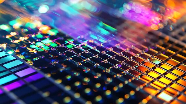 Close-up view of a colorful microchip surface showcasing intricate patterns and reflections