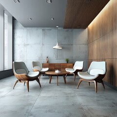 Modern minimalist lounge area with contemporary furniture wood wall concrete walls and large creating bright inviting seating space