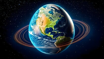 Fototapeta premium Realistic Earth surrounded by orange space rings against a star-filled galaxy