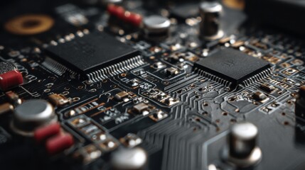 Circuit Board Closeup: A detailed view of a computer circuit board, showcasing its intricate design and the complex components that drive modern technology.