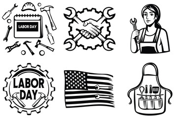 A collection of black and white illustrations celebrating Labor Day, featuring workers, tools, and patriotic symbols. Perfect for Labor Day promotions, greeting cards, and themed designs