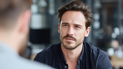 Obraz premium Focused Dialogue: A close-up shot captures an intense discussion between two men, one with a focused expression, emphasizing connection and active listening in a professional setting.