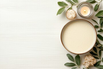 Spa Day Ritual: Bowl of Cream, Burning Candle, and Leaves for Relaxation and Calmness on a Wooden Surface.
