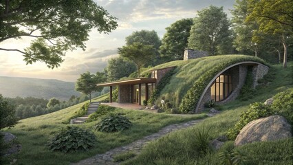 Earth sheltered house blending into natural hillside A modern house nestled in nature with a green roof and surrounding trees.