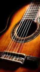 Obraz premium Close-up of acoustic guitar sts and sound hole showing detailed wood grain and craftsmanship with vibrant lighting highlighting the musical instrument's rich texture