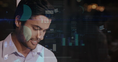 Image of financial data processing over biracial businessman