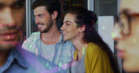 Image of financial data processing over diverse business people