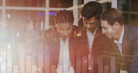 Image of financial data processing over diverse business people