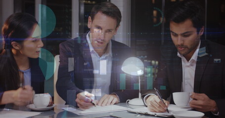 Image of financial data processing over diverse business people