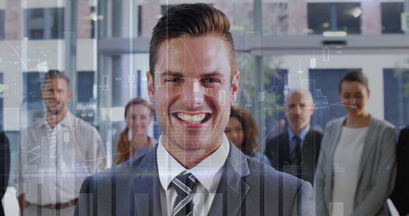 Image of financial data processing over diverse business people