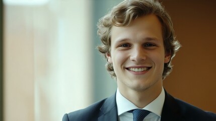 Young man smiling confidently in professional attire, conveying success and self-assurance in a modern workplace.