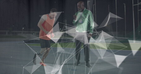 Image of geometrical shapes over african american trainer and caucasian male with running blade