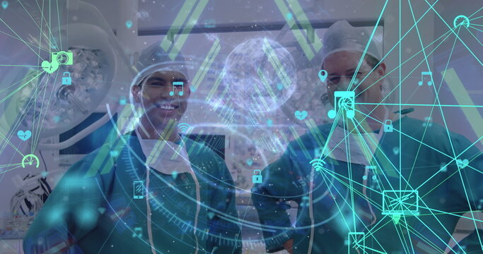 Image of network of connections with icons over smiling diverse male surgeons