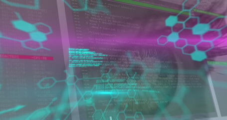 Image of chemical formulas and data processing over eye of woman