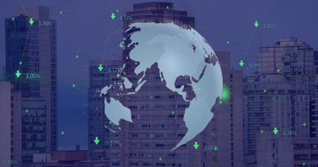 Image of financial data and globe rotating over cityscape