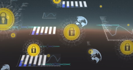 Image of online security padlocks and data processing with globes