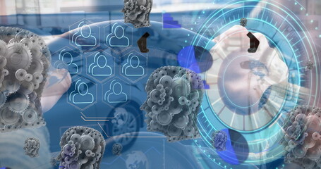 Image of diverse data, processing circle and gears over cars