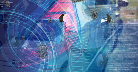 Image of data processing and gears over cars