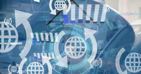 Image of globes, arrows, data processing and speedometer over car