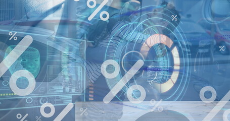 Image of percentage, processing circle and diverse data over caucasian man repairing car
