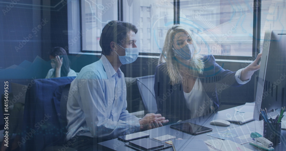 Poster image of data processing over caucasian business people with face masks using computer