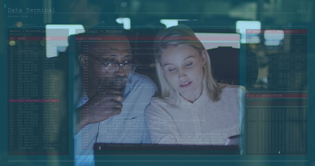 Image of data processing over diverse business people using tablet