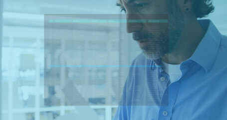 Image of data processing over caucasian businessman using laptop