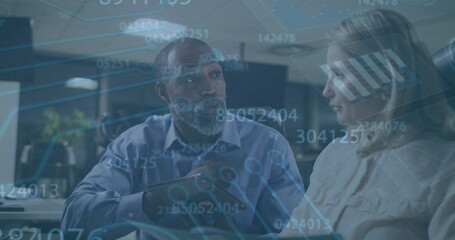 Image of data processing over diverse business people talking