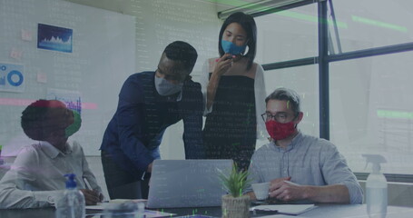 Image of data processing over diverse business people with face masks using laptop