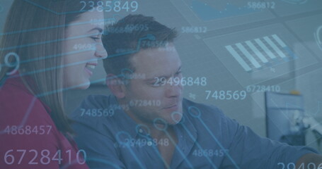 Image of data processing over caucasian business people talking