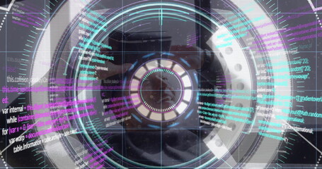 Image of data processing and scope scanning over caucasian man with vr headset