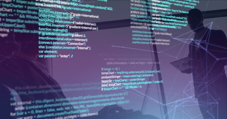 Image of data processing over diverse business people using laptops